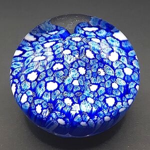 Hand-Blown Blue & White Millefiori Paperweight